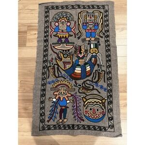 Peruvian Handwoven Wool Tapestry Wall Hanging Inca Design Embroidered Folk Art